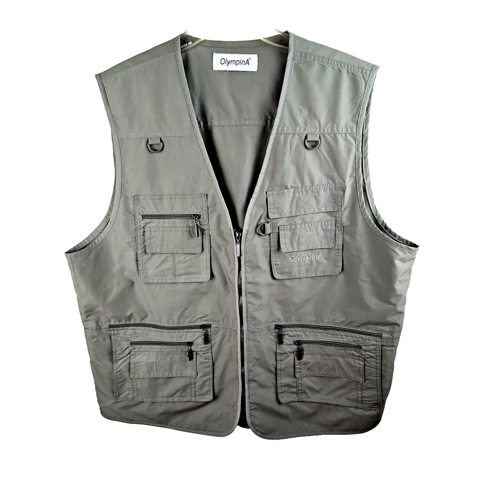 OlympinA Fishing Vest Mens XL Army green Utility Travel Multi Pocket Zip